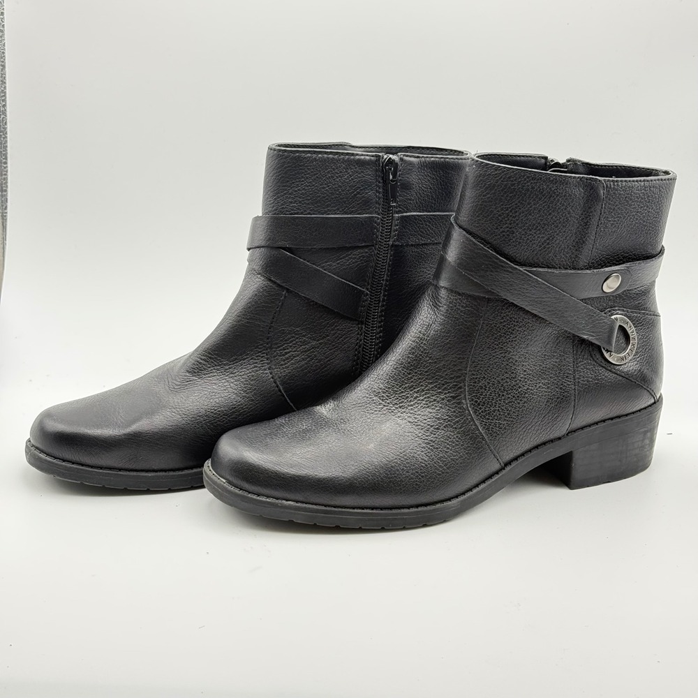 Anne Klein Black Leather Ankle Boots Womens 8M Low Block Heel Zip Bootie